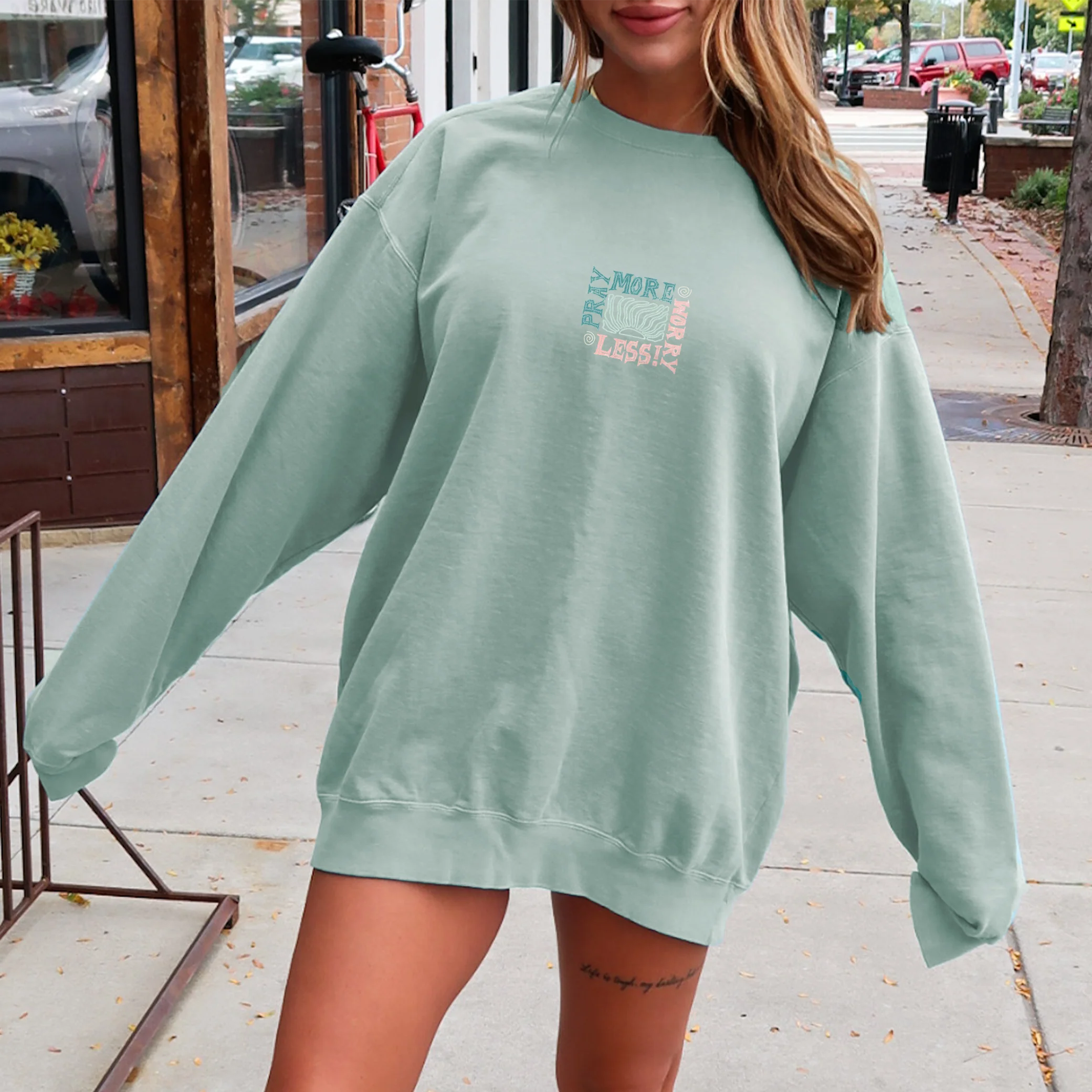 Pray More Worry Less Crewneck Sweatshirt - Image 2