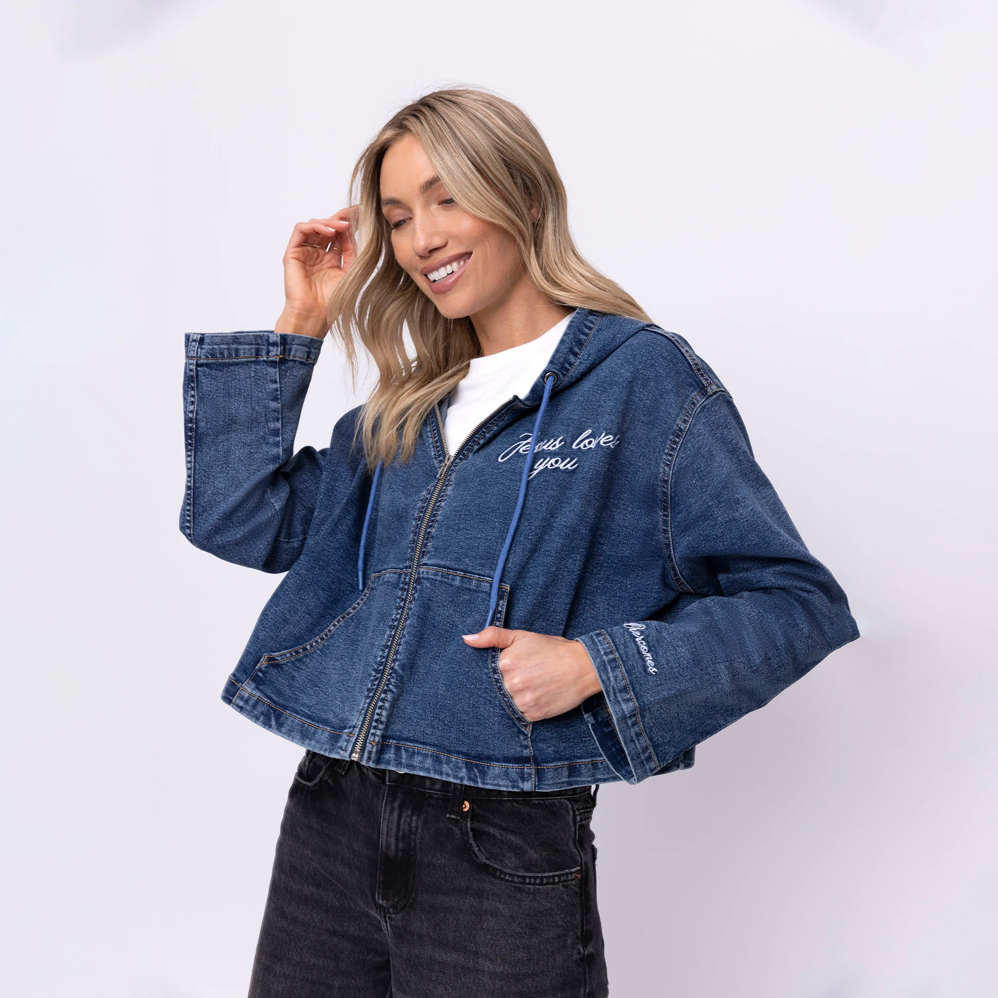 Vintage Washed Jesus Loves You Denim Hoodie